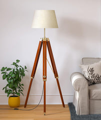 Wooden Tripod Floor Lamp 3 Legs Standing Brown Polished Brass Antique Adjustable 5ft Height with 16 inches Off White Lampshade