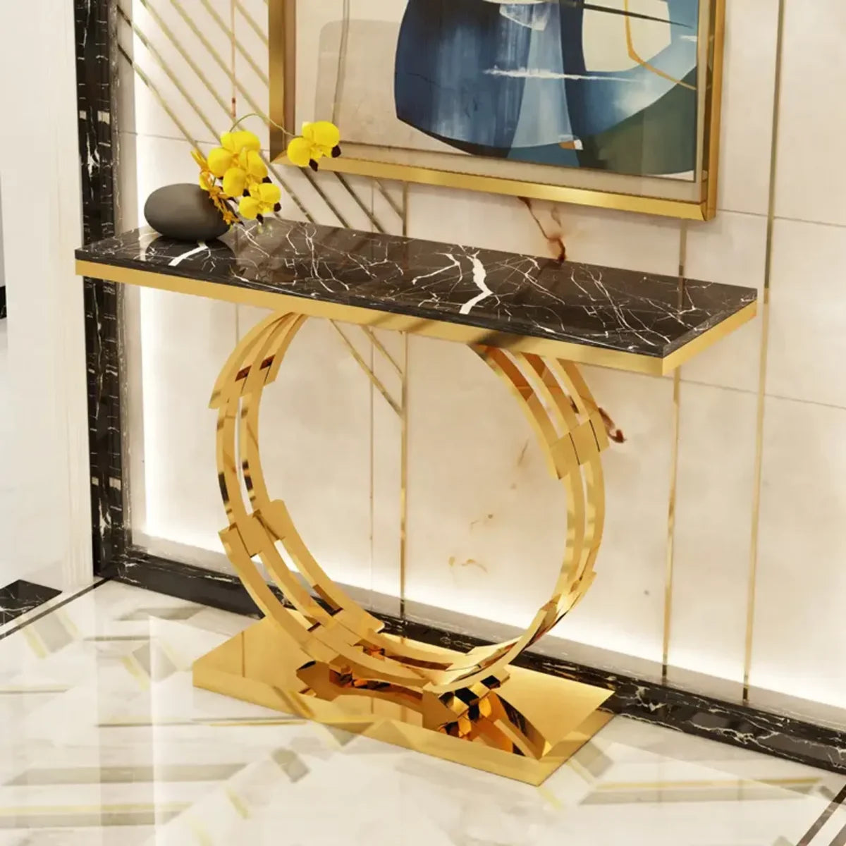 Artistic Golden Ring Metal Base Console Table with Glossy Marble Finish