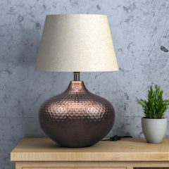 Hammered Table Lamp Copper Antique 21 Inches Height With Off White 14 Inches Diameter Lampshade