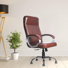 Premium Brown Leatherette Office Chair with Tilting Mechanism | Fixed Armrests & Heavy Duty Chrome Base Desk Seat