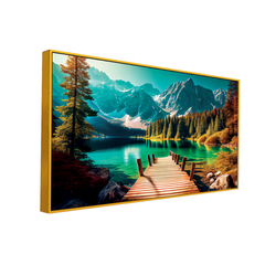 Scenic Mountain Lake Dock Wall Art – Vibrant Landscape with Forest, Water, and Snow-Capped Peaks