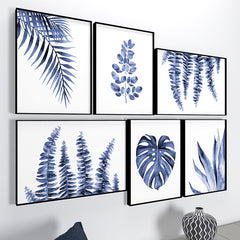 Ink Blue Tropical Ferns Wall Frame Set of 6