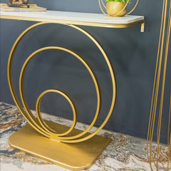 Elegant White Marble Top Console Table with Sculptural Gold Rings
