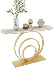 Elegant White Marble Top Console Table with Sculptural Gold Rings