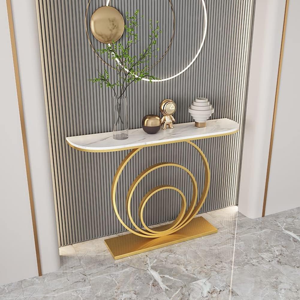 Elegant White Marble Top Console Table with Sculptural Gold Rings