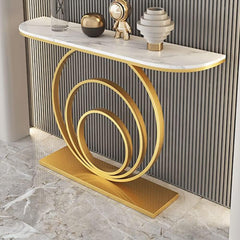 Elegant White Marble Top Console Table with Sculptural Gold Rings