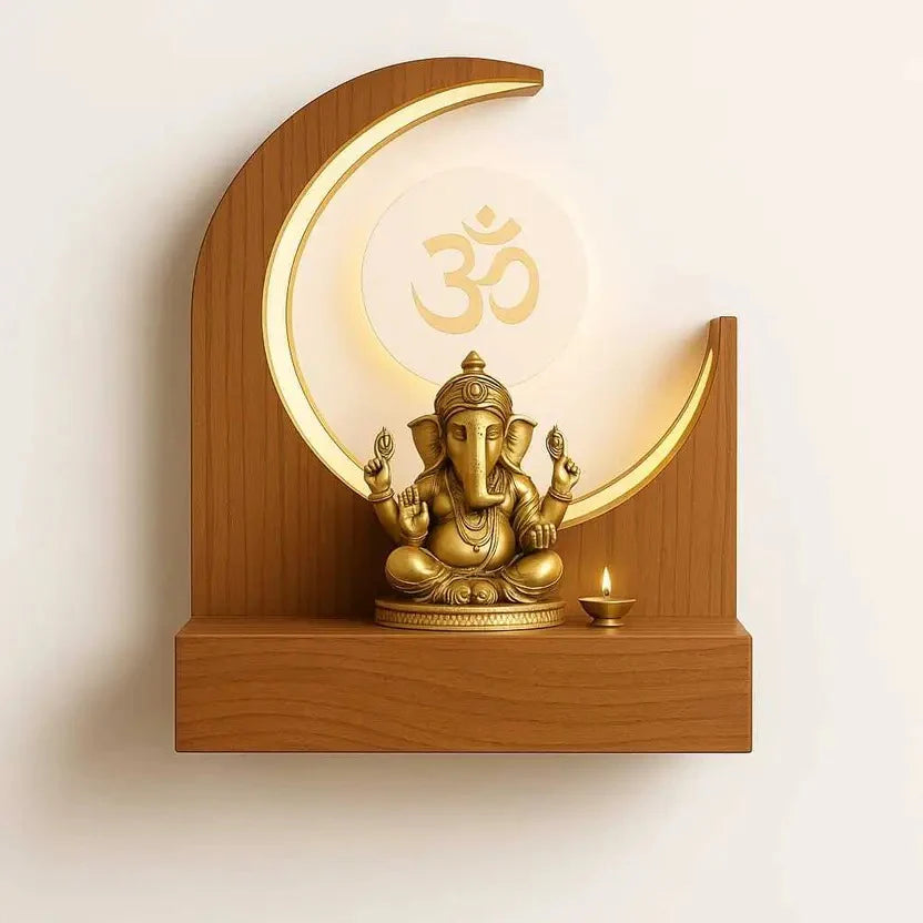 Crescent Moon Design Wall Mounted Wooden Temple with Om LED Panel for Home & Office