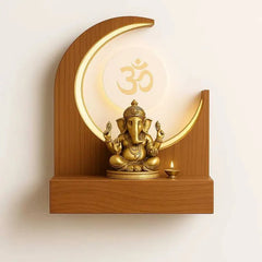 Crescent Moon Design Wall Mounted Wooden Temple with Om LED Panel for Home & Office