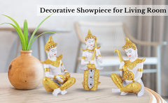 Spiritual White & Gold Buddha Figurines Playing Musical Instruments (Set of 3)