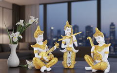 Spiritual White & Gold Buddha Figurines Playing Musical Instruments (Set of 3)
