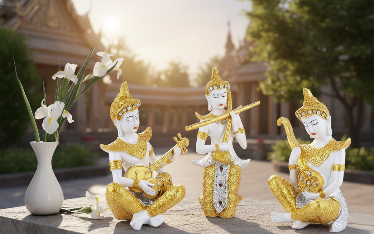 Spiritual White & Gold Buddha Figurines Playing Musical Instruments (Set of 3)