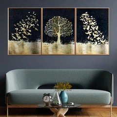Golden Tree & Birds Framed Crystal Glass Painting Set of 3