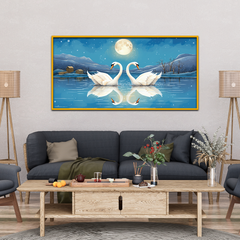 Realistic Pair Swans Birds Lakes Ice Edge Moon Glistening Canvas Wall Paintings