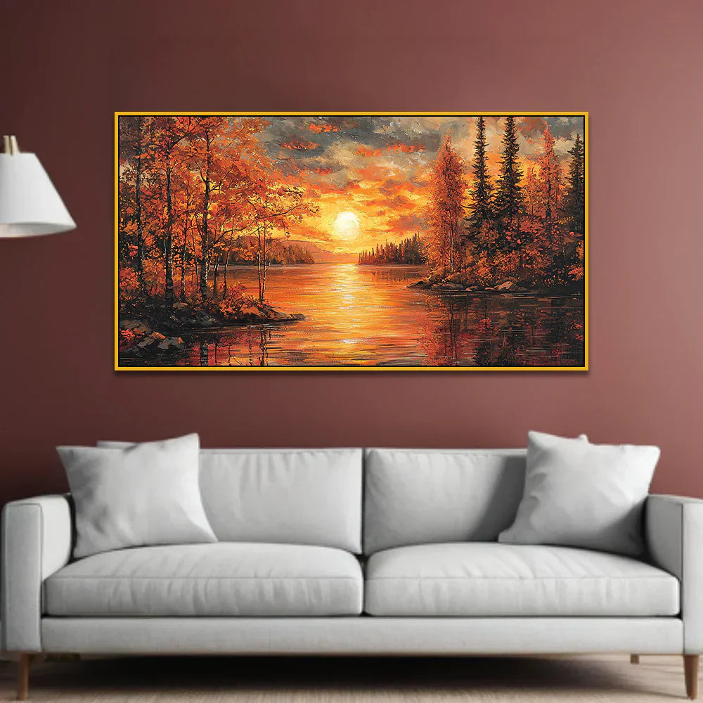 Breathtaking Golden Sunrise Over Mountains & River Canvas Wall Painting Clearance Sale