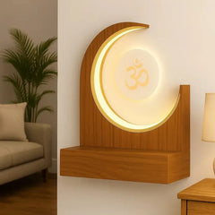 Crescent Moon Design Wall Mounted Wooden Temple with Om LED Panel for Home & Office