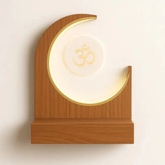 Crescent Moon Design Wall Mounted Wooden Temple with Om LED Panel for Home & Office
