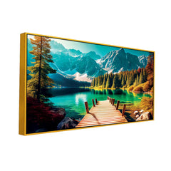 Scenic Mountain Lake Dock Wall Art – Vibrant Landscape with Forest, Water, and Snow-Capped Peaks