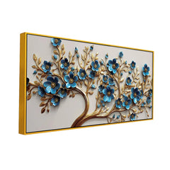Elegant 3D Golden Tree Wall Art with Blue Floral Accents – Modern Home Décor Panel