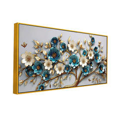 Luxurious 3D Floral Tree Wall Art – Teal and White Blossoms with Gold Detailing for Elegant Interior Décor