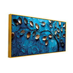 Luxurious 3D Golden Leaf Wall Art – Metallic Leaves on Textured Blue Background for Contemporary Decor
