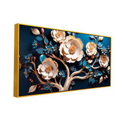 Luxury Floral Wall Art – 3D Gold and Blue Blossom Tree on Deep Blue Canvas