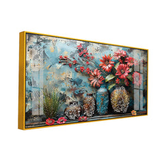 3D Textured Floral Acrylic Painting - Red Flowers in Rustic Vases Wall Painting