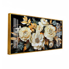 Luxury White and Gold Textured Floral Acrylic Wall Art on Black Background