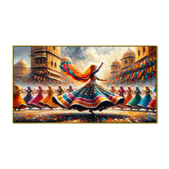 Lively Traditional Indian Folk Dance Artwork with Vibrant Colors Canvas Print Wall Art