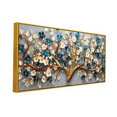 Luxury 3D Blooming Tree Wall Art – Gold Trunk with Blue and White Flowers on Grey Canvas