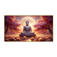 Meditating Gautam Buddha  with Moonlight Garden Canvas Print Wall Painting