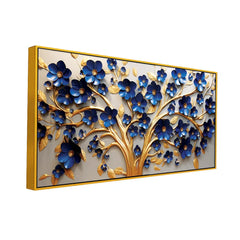 Stunning 3D Golden Tree Wall Art – Deep Blue Blossoms with Gold Accents on Light Canvas