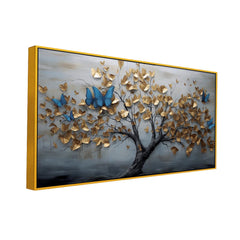 Elegant Golden Tree Wall Art with Blue Butterflies – 3D Textured Canvas Painting