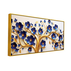 Elegant 3D Golden Tree Wall Art – Bold Blue Blossoms with Flowing Gold Branches