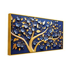 Luxury 3D Golden Tree Wall Art – Blue Floral Blossoms with Golden Leaves on Deep Navy Background