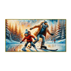 Ice Skates and Skis: Winter Fun, Father & Child on Frozen Lake Canvas Print Wall Painting