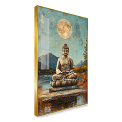 Buddha Statue with Moon and Mountain Landscape Acrylic Wall Paintings