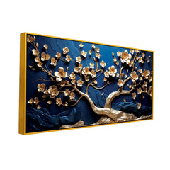 Elegant 3D Golden Blossom Tree Wall Art – Textured Blue Background with Flowing Branch Design
