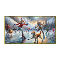 Frozen Lake Adventures: Couple and Dogs in a Winter Wonderland Lake Canvas Print Wall Painting