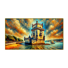 Historic Belém Tower by the Water with Dramatic Sky Canvas Print Wall Painting