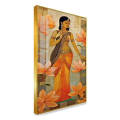 Traditional Indian Woman with Orange Lotus Acrylic Wall Paintings