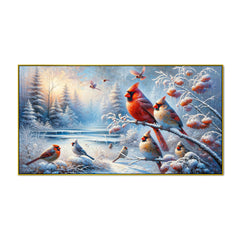 Crimson Birds on Frosted Branches Canvas Print Wall Painting