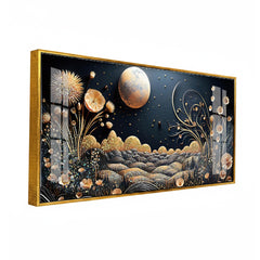 Gold Moon and Floral Night Landscape Acrylic Wall Art | Luxury Dark Background Painting