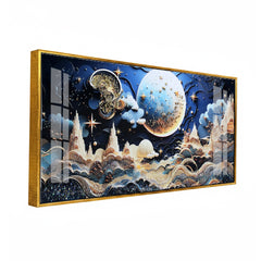 Luxury Fantasy Moonscape Acrylic Wall Art | Blue and Gold Cityscape Dream Painting