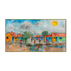 Colorful Village Scenery with sun rising canvas printed Wall Painting