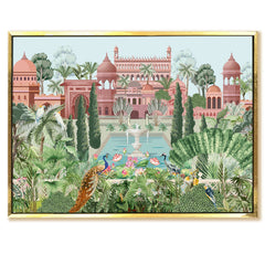 Mughal Garden and Palace Picture Artwork Abstract Canvas Framed Painting Indian Ethnic Traditional Wall Art Large Size For Living Room Bedroom Office Home Decoration