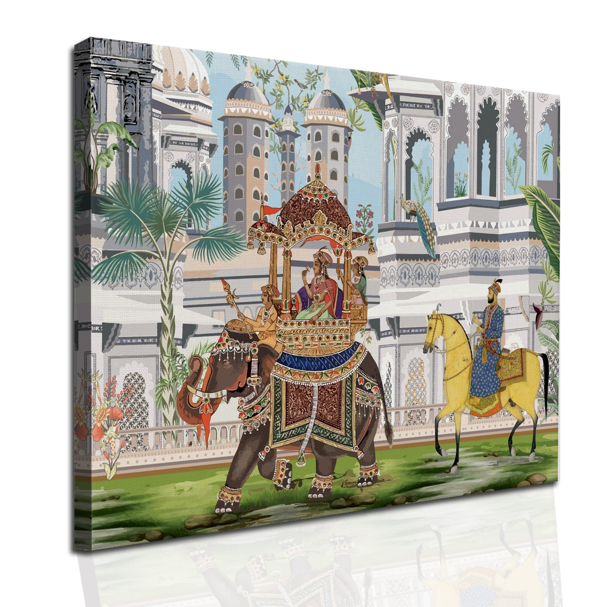 Mughal Queen Riding Elephant Artwork Abstract Canvas Framed Painting Indian Ethnic Traditional Wall Art Large Size For Living Room Bedroom Office Home Decoration