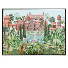 Mughal Garden and Palace Picture Artwork Abstract Canvas Framed Painting Indian Ethnic Traditional Wall Art Large Size For Living Room Bedroom Office Home Decoration