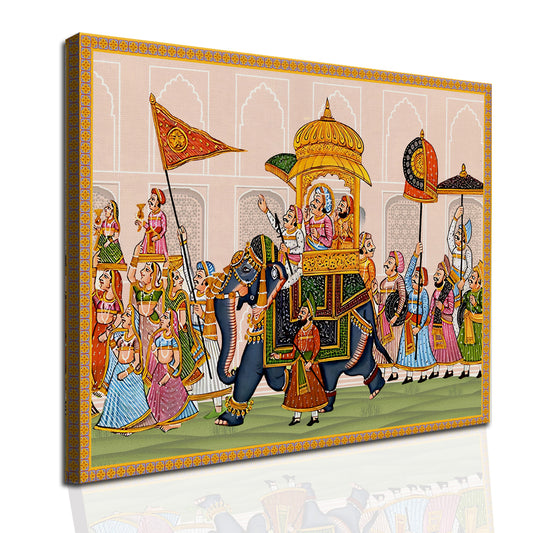 Mughal king Riding Elephant Artwork Abstract Canvas Framed Painting Indian Ethnic Traditional Wall Art Large Size For Living Room Bedroom Office Home Decoration