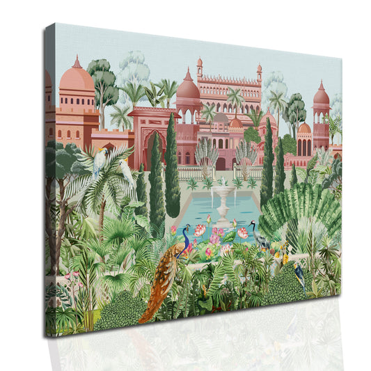 Mughal Garden and Palace Picture Artwork Abstract Canvas Framed Painting Indian Ethnic Traditional Wall Art Large Size For Living Room Bedroom Office Home Decoration