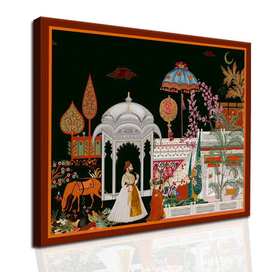 Mughal Garden View Artwork Abstract Canvas Framed Painting Indian Ethnic Traditional Wall Art Large Size For Living Room Bedroom Office Restaurant Caffe Home Decor